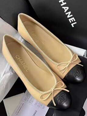 Chanel Beige Black CC Ballet Flats